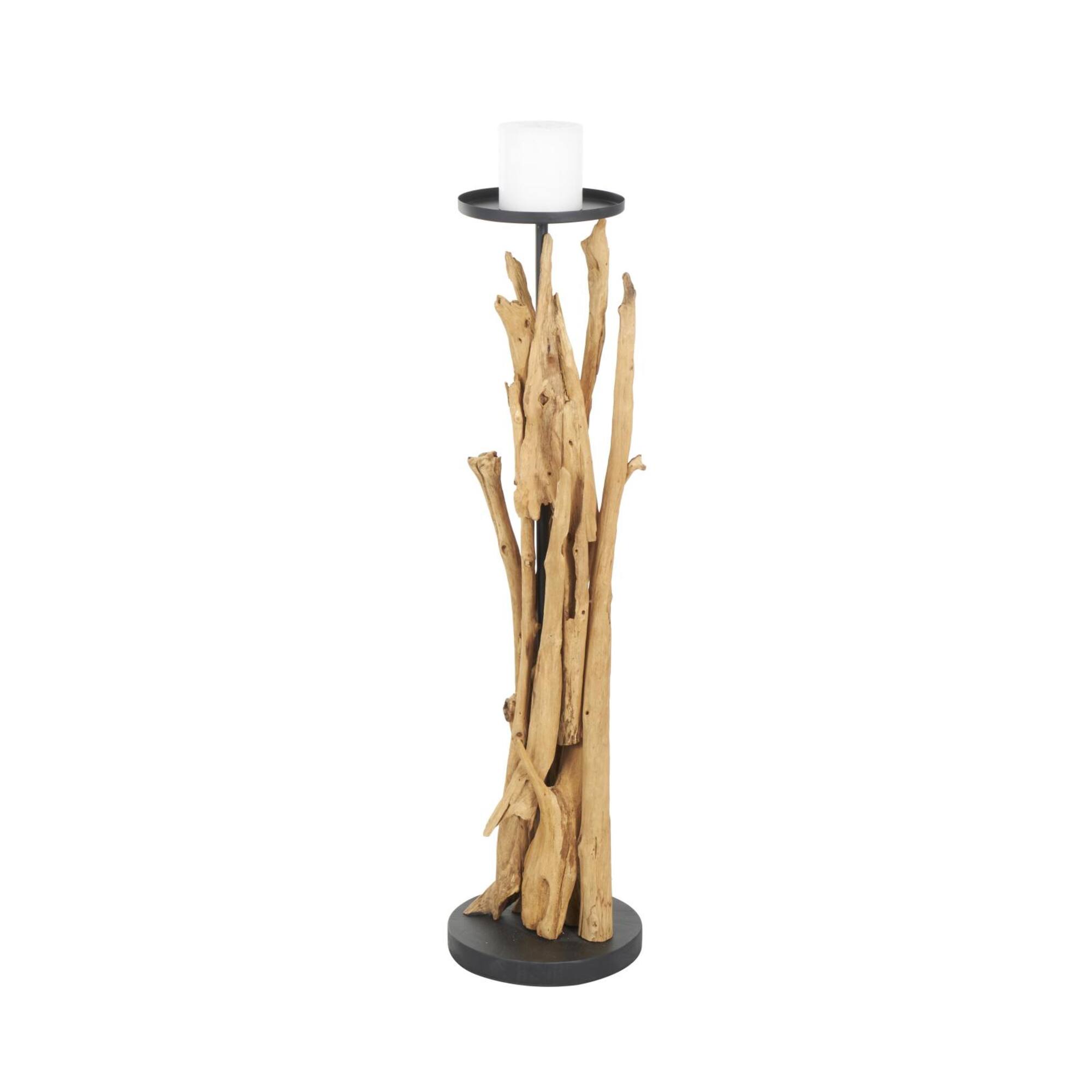 39" Brown Teak Wood Handmade Tall Tree Branch Floor Candle Holder with Black Metal Accents